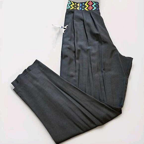 Emblem Pants Women 16 Black Waist Embroidery Tribal Elastic Zip Pleated Boho VTG - Picture 15 of 16